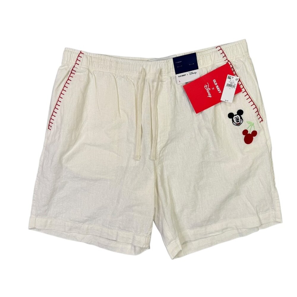 Old Navy x Disney Shorts Mens Large Beige White Pull On Linen Blend Mickey Mouse